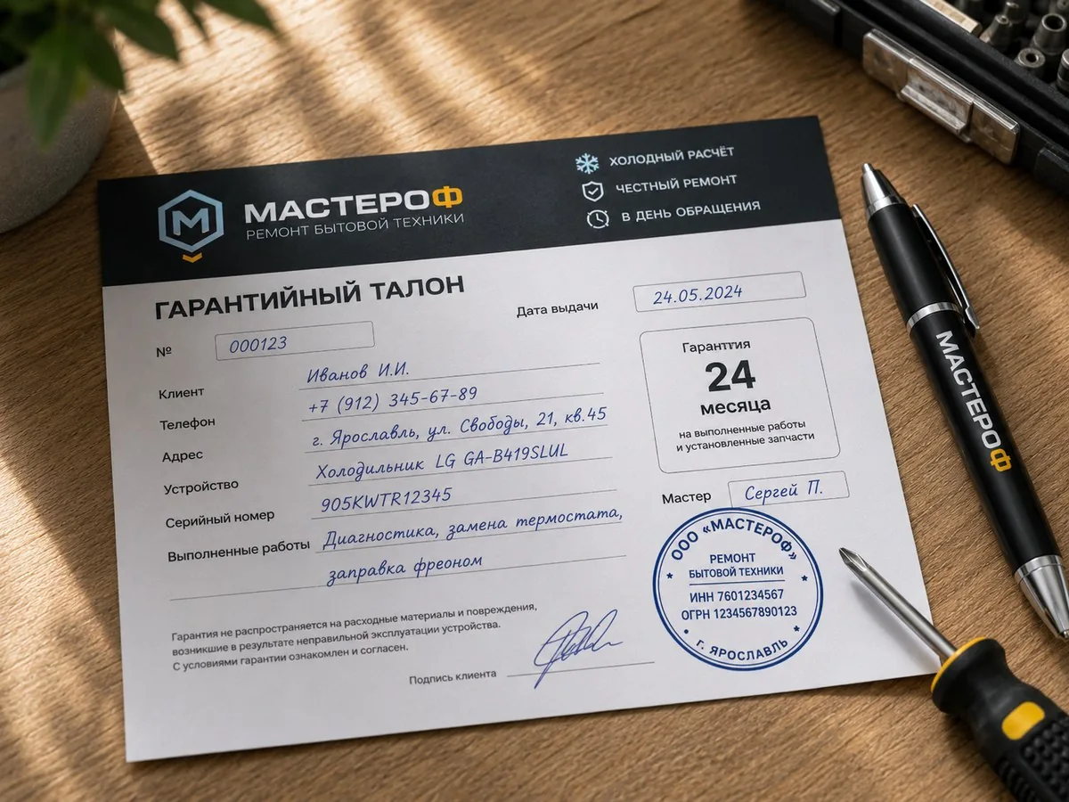 Пример гарантийного талона МАСТЕРОФ на ремонт бытовой техники